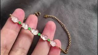 翡翠直播， 缅甸翡翠珠宝成品【义昌丰公司】翡翠玻璃种葫芦手链，18k玫瑰金镶嵌，冰透水润，起荧光，完美，裸石7.5-6.5-3，总长19厘米，其中2.8厘米为可调节链，胖瘦都能戴，
