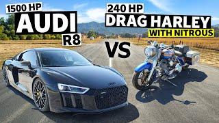 1500hp Audi R8 races 240hp Harley Drag Bike… with Nitrous!