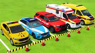 TRANSPORTING ALL POLICE CARS and AMBULANCE EMERGENCY VEHICLES WITH TRUCKS ! Farming Simulator 22