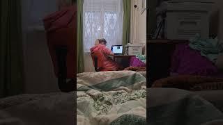 Моя ягодка, учит уроки. А Я болдею, на кровати.