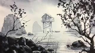 Old House and sea Fog painting with watercolors W&N watercolor paper