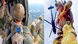 U.S. Army Rangers Jump from Black Hawk Helicopter with MC-6 Parachute