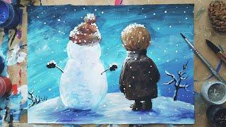 SNOWMAN and BOY | Winter gouache