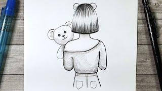 DESSINER UNE FILLE DE DOS QUI TIENT UN DOUDOU - TUTO DESSIN