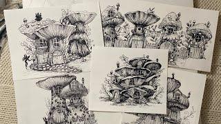 Let’s doodle some mushroom fairy villages. Quickie sketch