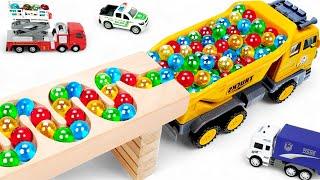 Marble Run Race  HABA Slope & Retro Makita Truck, Excavator, Garbage Truck, Dump Truck, Ambulance