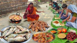 Golden fish curry recipe cooking and eating in village! big fish catching video in river! fish curry