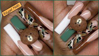 Brown and Green Polygel Nail Design!#fallnails.