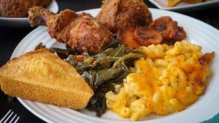 Soul Food Recipes:Sunday Dinner | Mac & cheese,Yams,￼Crispy Fried Chicken,Corn Bread+Collard Greens￼