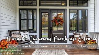 Affordable Luxurious Farmhouse Entrance: Rustic Bench & Greenery for an Inviting Entryway