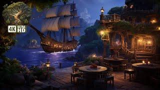 ‍️ Pirate Tavern Terrace Ambience • Night Sounds • Waves & Sea Breeze