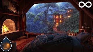 Warm Fireplace & Thunderstorm - Relaxing Rain Ambience with Rain on Window