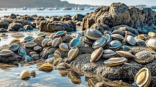 [English sub] Rich and rich  dozens of big abalones are adsorbed on the stone wall  and long-legged