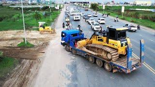 Amazing Excellent Skills Big Bulldozer SHANTUI DH17 C3 Pushing Dirt, 12 Wheel Trucks Unloading Soil