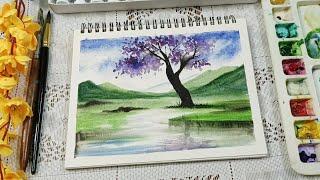 Simple Watercolor Riverside Scenery Painting Step by Step for Beginners / Watercolor Landscape Demo