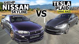 700hp R34 Nissan Skyline GT-R vs Tesla Model S Plaid — No-prep Drag Racing