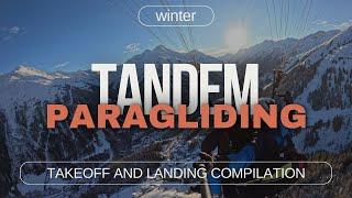 Takeoff and landing compilation. Tandem paragliding in winter.