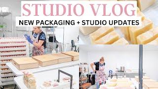 day in the life studio vlog: new packaging sneak peak, set up my coffee station, and soap cutting.