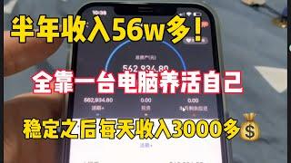 半年收入56W多，稳定之后每天收入3000多，全靠一台电脑无脑搬砖赚钱养活自己！