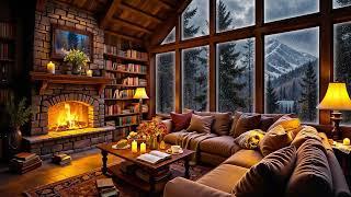 Cozy Winter Cabin Ambience  Relaxing Jazz Music, Snowfall and Crackling Fireplace for Study, Sleep