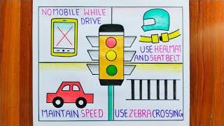 Road Safety Poster Drawing Easy / Traffic Light Drawing / National Safety Day Poster Drawing