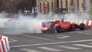 Lewis Hamilton & Charles Leclerc Epic Show in Milan w/ Ferrari F1 Cars- Donuts, Pit-Stops & More