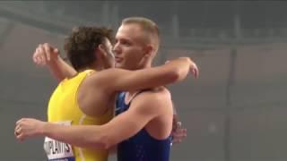 Sam Kendricks, Mondo Duplantis, Piotr Lisek celebrate at the 2019 Doha World Championships