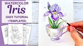 How to Paint a Watercolor Iris for Beginners | Easy Iris in a Teacup Tutorial + Templates!