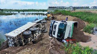 OH My God WTF!! Practical​ Accident OVERTURNED Dongfeng Truck Expert Recovery By Excavator