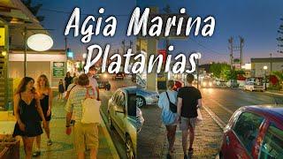 Crete Greece, Agia Marina/Platanias, Complete walking tour in 4K, sunset time and nightlife 