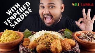 tempered sardine fish cutlet eggs brinjal salad dhal curry banana leaf  | sri lankan food | chama