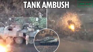 Cowering Russians ambushed and wiped out by Ukrainian tank as they try to hide from drone