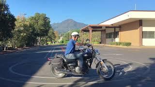 California DMV motorcycle skills test practice on long-wheelbase cruiser