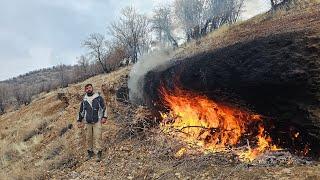 Burning Rock and Building Shelter in the wild forest/ applying primitive survival skills in nature