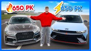 650PK BENZINE VS. 650PK ELEKTRISCHE AUTO!