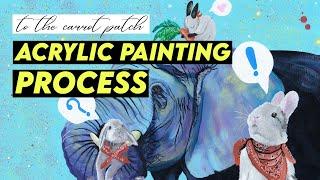 Acrylic Painting Process | Bunnies and Elephants! | Speed Painting, Stencils, Paint Splattering