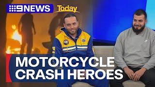 Two friends who helped motorcyclist caught on fire reflect on the experience | 9 News Australia
