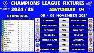 UCL FIXTURES TODAY - Matchday 4 • UCL Table Standings Today • CHAMPIONS LEAGUE FIXTURES  24/25