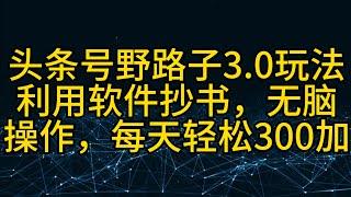 完整实操，网赚项目，最新2024，头条号野路子3.0玩法，利用软件抄书，无脑操作，一天轻松搞个两三百