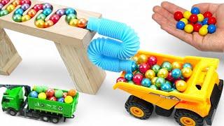 Marble Run ASMR Race  HABA Slope & Dump Truck Excavator Ambulance Forklift Garbage Truck Tractors16