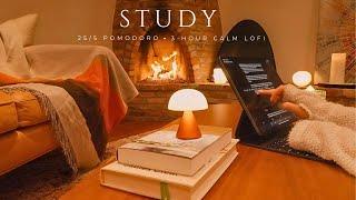 3-Hour Lofi Study With Me by the Fireplace | Focus, Pomodoro Timer 25-5 & Relaxing Background Music