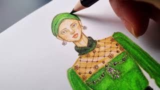 Tutorial Menggambar Desain Baju Pesta Hijab • Fashion Illustration Green Sparkle Evening Dress