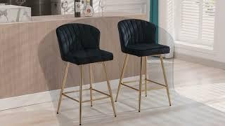 Wahson Velvet Black Breakfast Bar Stools Set of 2 Upholstered Counter Chairs for Home Bar Kitchen