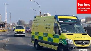 Emergency Vehicles Depart From The Port Of Grimsby After Two Ships Collide In The North Sea