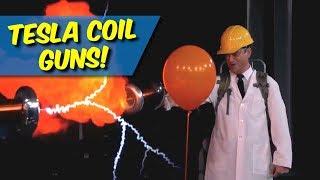 80,000 Volt Tesla Coil Guns Explode Hydrogen Balloons!