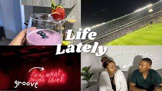 vlog : spicy noodle challenge , watching soccer live, groove & alotta chitchats