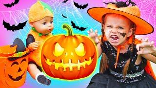 Maya turns into a witch! Baby girl & Baby born doll go Trick or Treating. Family-fun video for kids.