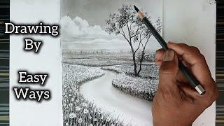 Pencil drawing of spring season landscape scenery step by step.