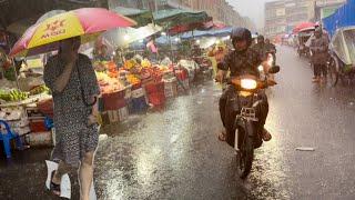 Heavy Rain in Phnom Penh City & Street Views - Cambodia Market Street Food