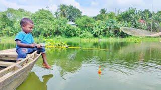 Best Hook Fishing With Beautiful Natural  Little Boy Hunting Big Fish In village River